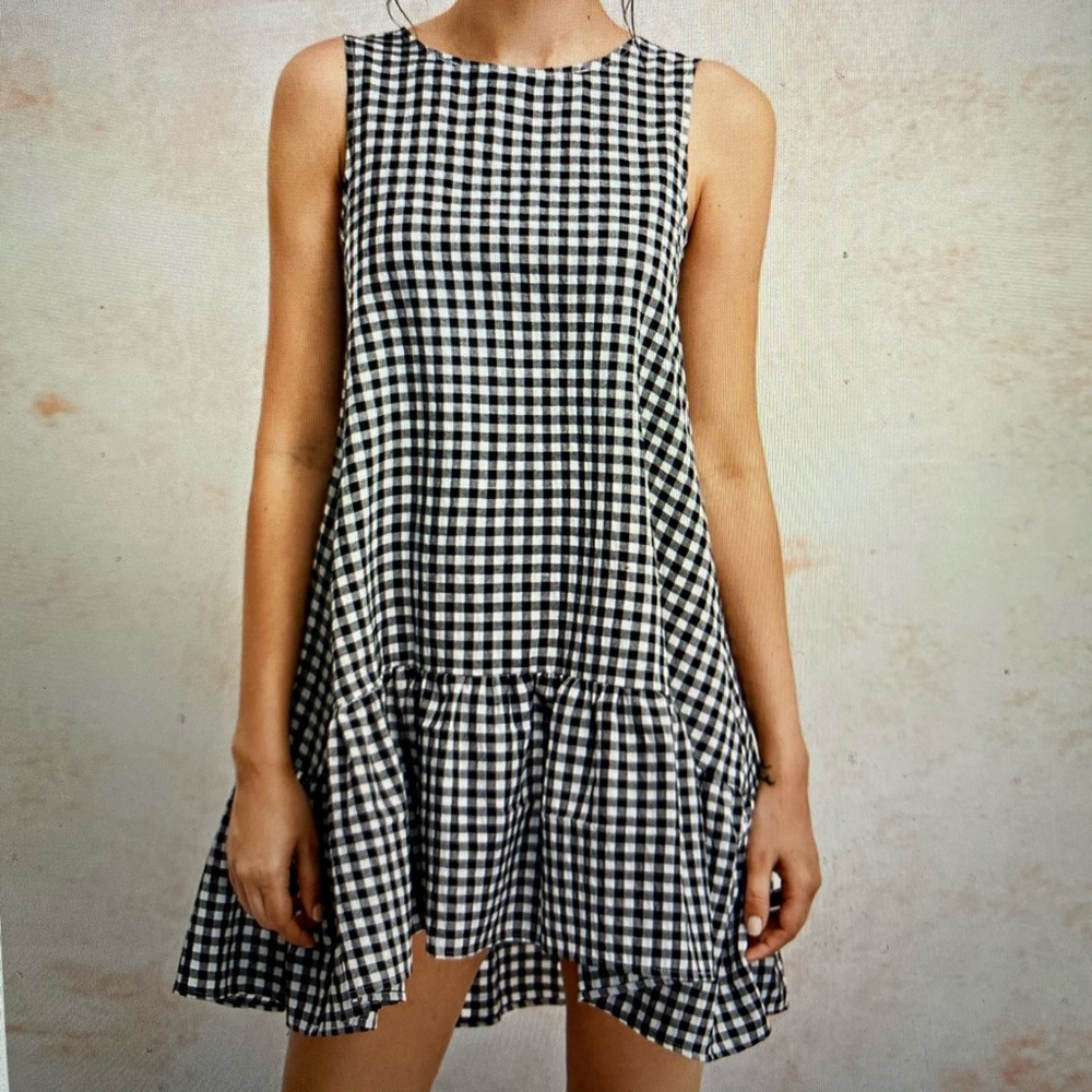 Gingham High-Low Mini Smock Dress